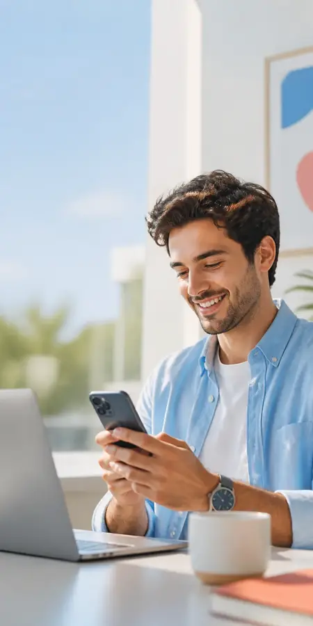 Professional smiling at his laptop